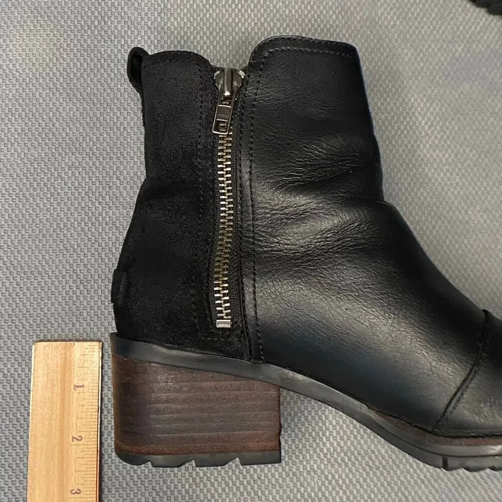 SOREL Cate Bootie Women Sz 7 Black Leather Block Heel Waterproof